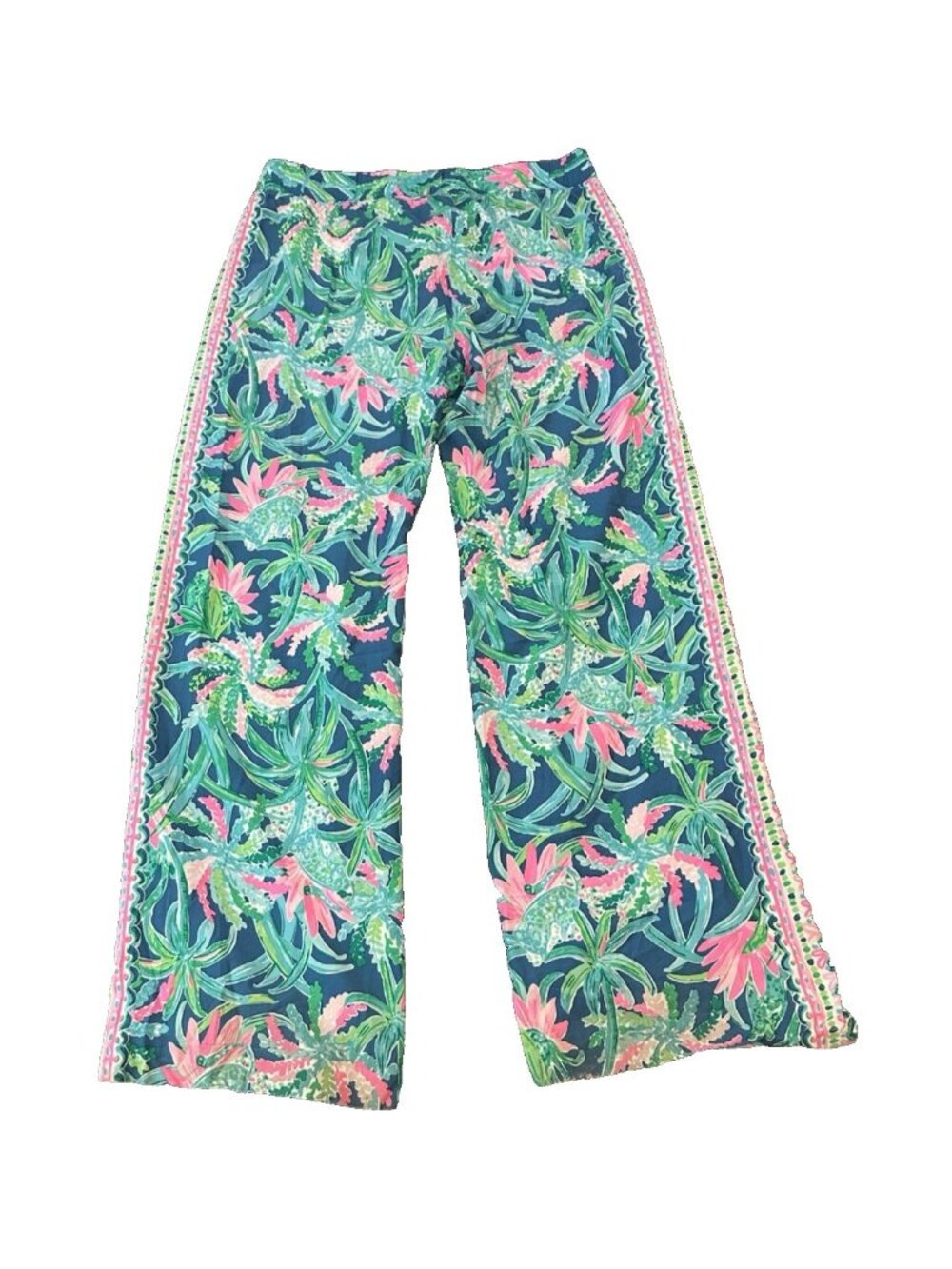 Lilly Pulitzer Womens Tropical Pants L Wide Leg Viscose Pink Blue Palm Tree - Picture 2 of 6